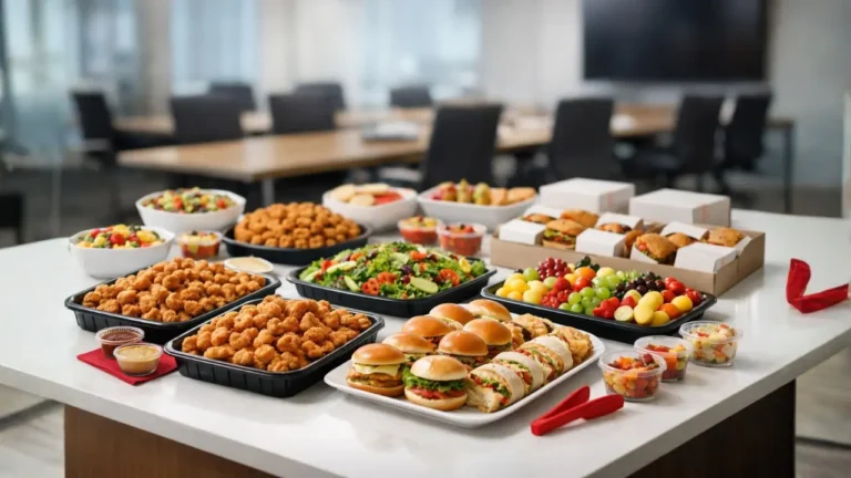 Chick-fil-A Hours: Opening, Closing Times & Major Cities Hours in 2026 4 A variety of catered food on a conference table includes sliders, salads, fruit, wraps, fried bites, and sandwiches, creating a welcoming, casual atmosphere.