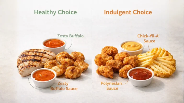 Chick-Fil-A Sauces Calories, Nutrition & Ingredients in 2026 12 Healthy vs. indulgent food choices. Left shows grilled chicken with grilled nuggets and buffalo sauce. Right shows nuggets, waffle fries, and dipping sauces.