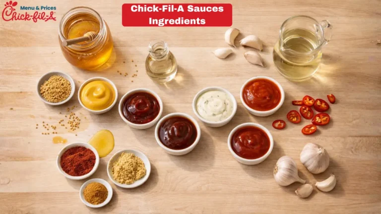 Chick-Fil-A Sauces Calories, Nutrition & Ingredients in 2026 11 Assorted Chick-fil-A sauces ingredients on a wooden table: honey, mustard, garlic, chillies, various spices, and small bowls of sauces, creating a savory and appetizing vibe.