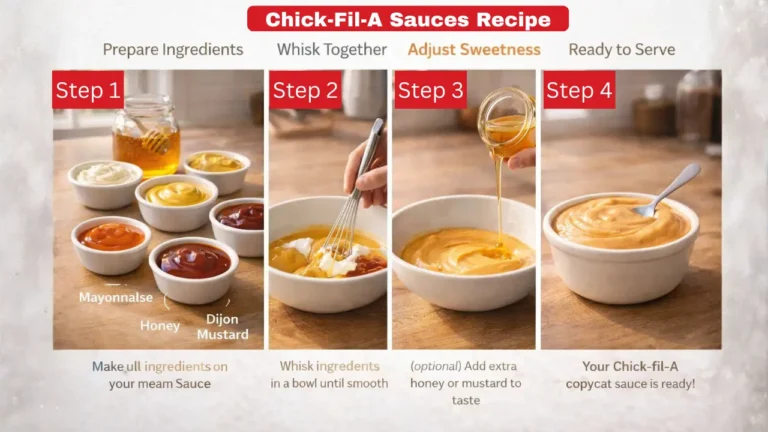 Chick-Fil-A Sauces Calories, Nutrition & Ingredients in 2026 18 Four-step Chick-fil-A sauce recipe guide. Step 1: Ingredients—mayonnaise, honey, Dijon mustard. Step 2: Whisk until smooth. Step 3: Optionally adjust sweetness with more honey or mustard. Step 4: Serve the finished sauce. Image gives a homemade, appetizing feel."
