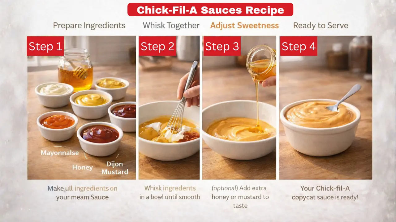 Chick-Fil-A Sauces Calories & Nutrition in 2026 18 Four-step Chick-fil-A sauce recipe guide. Step 1: Ingredients—mayonnaise, honey, Dijon mustard. Step 2: Whisk until smooth. Step 3: Optionally adjust sweetness with more honey or mustard. Step 4: Serve the finished sauce. Image gives a homemade, appetizing feel."
