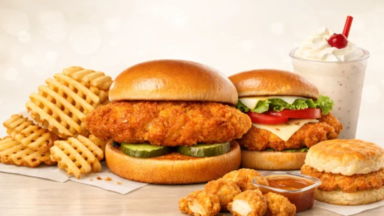 Chick-fil-A Menu With Prices, Calories & Pictures (2026) 2 Assorted Chick-fil-A menu items including chicken sandwiches, waffle fries, chicken nuggets, chicken biscuit, and milkshake arranged in a clean promotional food display.
