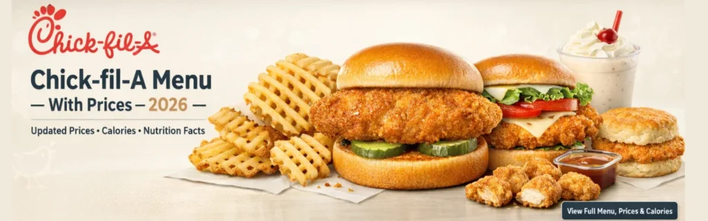 Chick-fil-A Menu With Prices, Calories & Pictures (2026) 1 Chick-fil-A menu 2026 banner displaying classic and spicy chicken sandwiches, waffle fries, chicken nuggets, milkshake, and breakfast biscuit with updated prices and calories.