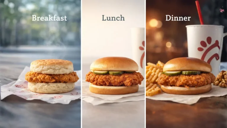 Chick-fil-A Hours: Opening, Closing Times & Major Cities Hours in 2026 3 Breakfast, lunch, and dinner options are shown. The breakfast includes a biscuit with chicken, lunch is a chicken sandwich with pickles, and dinner adds fries and a drink.