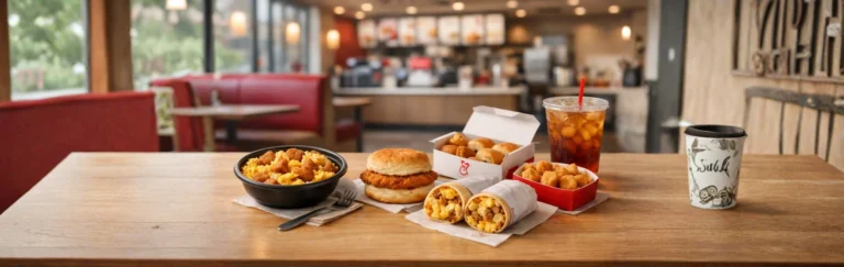 Chick-fil-A Breakfast Menu Prices & Calories in 2026 1 Chick-fil-A Breakfast Menu items on a wooden table in a fast-food restaurant. Includes a breakfast bowl, chicken biscuit, wraps, hash browns, iced tea, and coffee. Cozy ambiance.