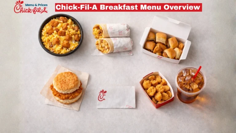 Chick-fil-A Breakfast Menu Prices & Calories in 2026 2 Chick-fil-A Breakfast Menu items: chicken biscuit, burritos, hash browns, mini sandwiches, iced tea, and scrambled eggs with chicken.
