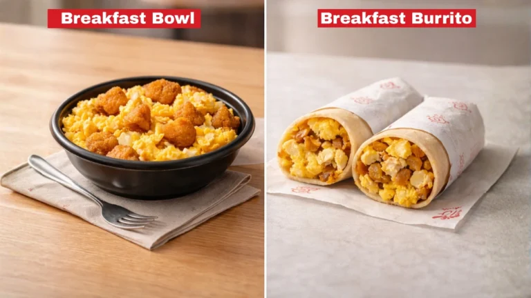 Chick-fil-A Breakfast Menu Prices & Calories in 2026 42 On the left, a black bowl filled with scrambled eggs and chicken pieces rests on a napkin with a spoon. On the right, two breakfast burritos are halved, revealing eggs and filling, wrapped in printed paper on a light surface. These are taken from chick fil a breakfast menu