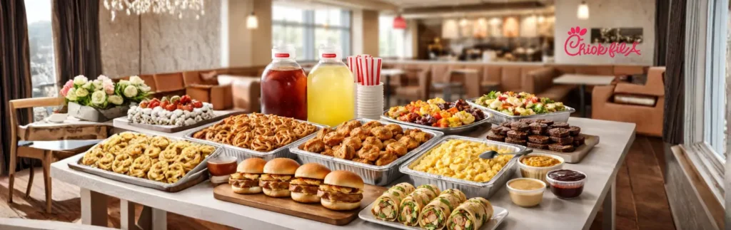 Chick-fil-A Catering Menu & Prices 2026 | Party Trays & Packaged Meals 1 A table filled with Chick-fil-A catering menu, including sliders, wraps, salads, mac and cheese, brownies, and drinks, in a cozy restaurant setting.