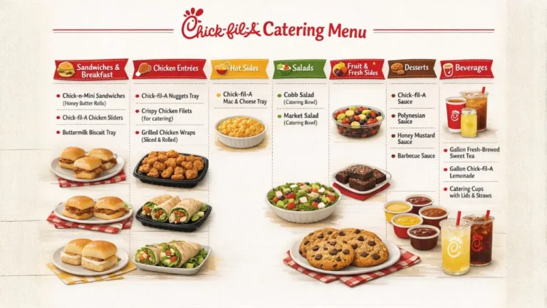 Chick-fil-A Catering Menu & Prices 2026 | Party Trays & Packaged Meals 2 Chick-fil-A catering menu features sandwiches, chicken entrées, hot sides, salads, fruit, desserts, and beverages, all neatly organized and visually appealing.