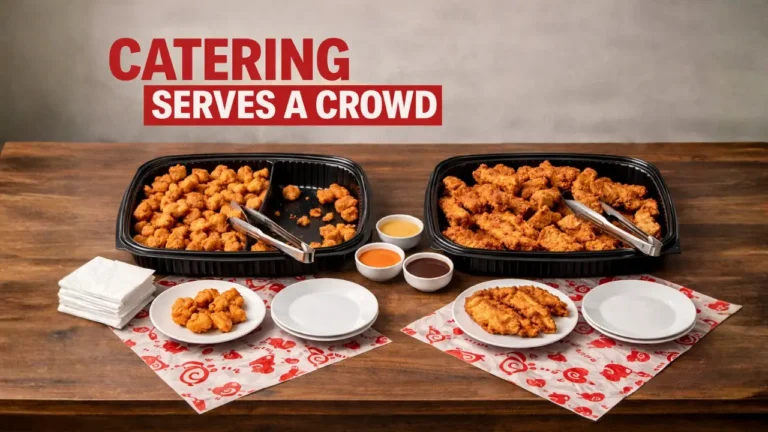 Chick-fil-A Catering Menu & Prices 2026 | Party Trays & Packaged Meals 53 A table with two large trays of fried chicken accompanied by dipping sauces and empty plates. Bold red text reads 'Catering Serves a Crowd' above the scene.