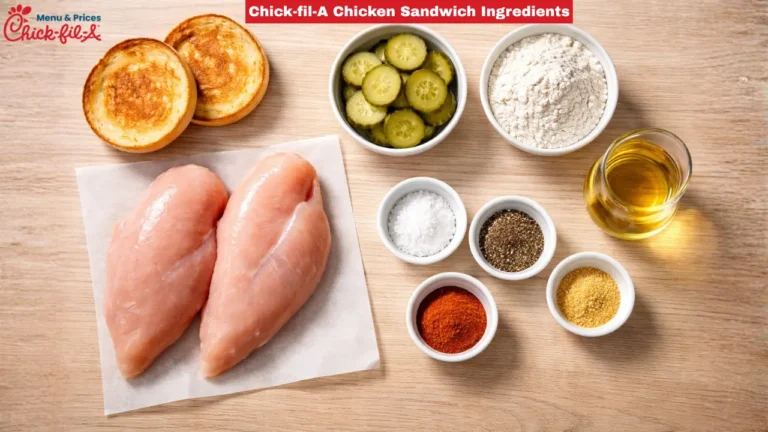 Chick-fil-A Chicken Sandwiches Price, Nutrition & Ranking on Taste in 2026 3 Raw chicken breasts, toasted buns, pickles, flour, oil, salt, pepper, paprika, and other spices arranged on a wooden surface for making a Chick-fil-A chicken sandwich.