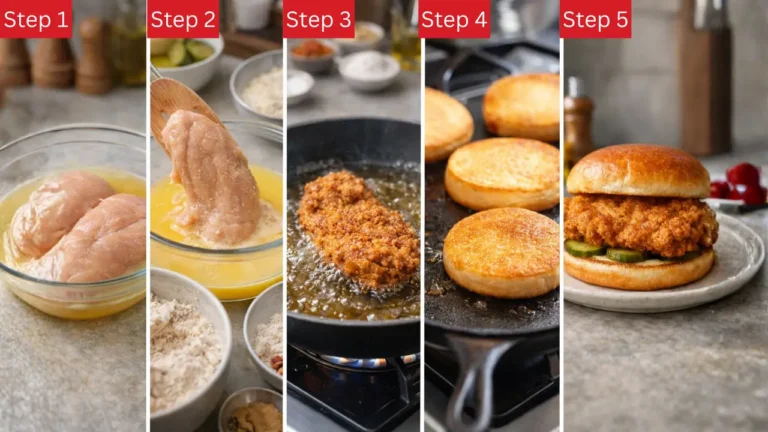Chick-fil-A Chicken Sandwiches Price, Nutrition & Ranking on Taste in 2026 35 Five-step cooking guide showing chicken marinating, breading, frying, toasting buns, and assembling a final crispy chicken sandwich with pickles.