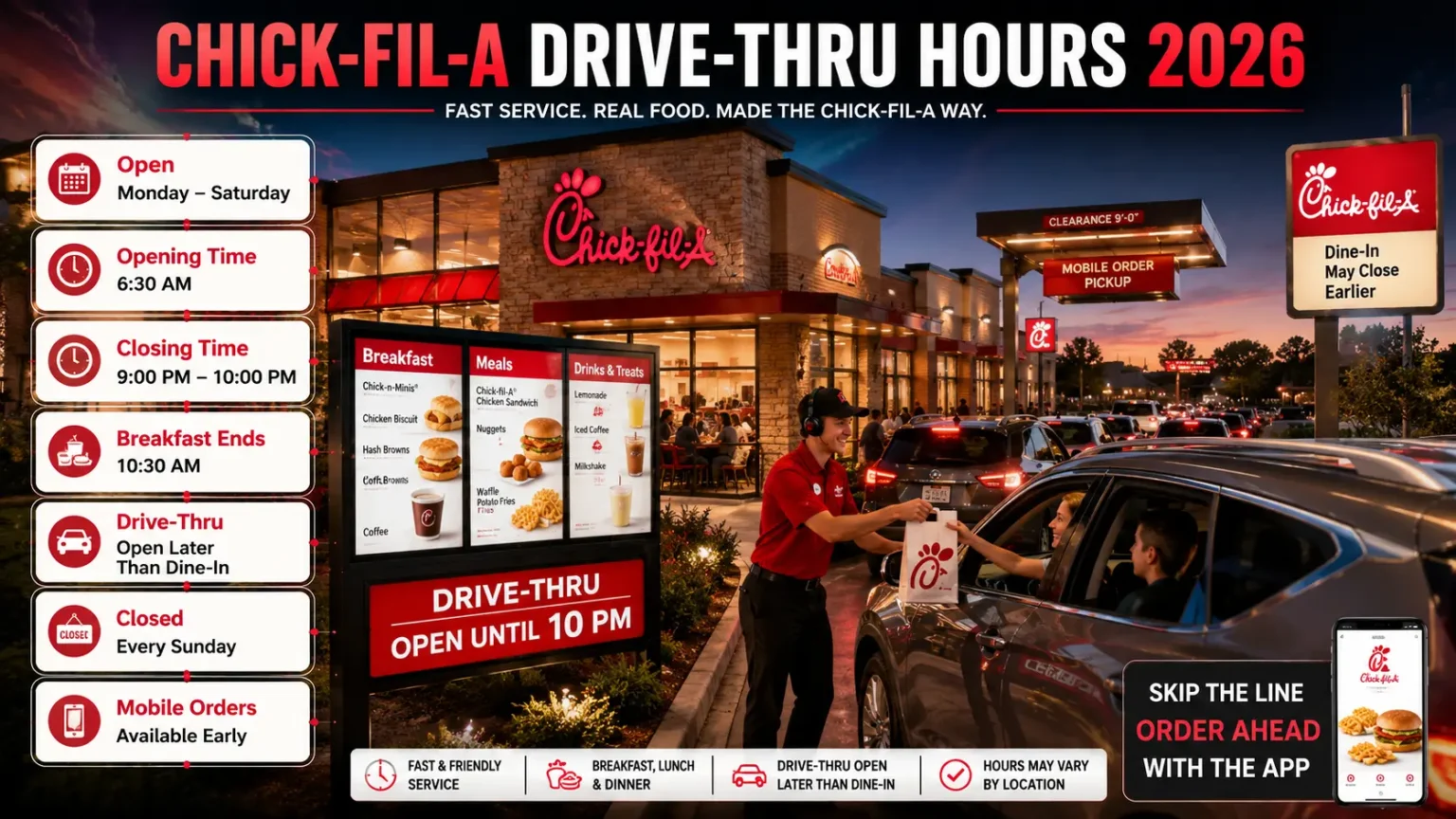 Chick-fil-A Hours Today in 2026 4 Chick-fil-A drive-thru hours for 2026 next to a busy evening drive-thru lane where an employee hands a bag to a customer.