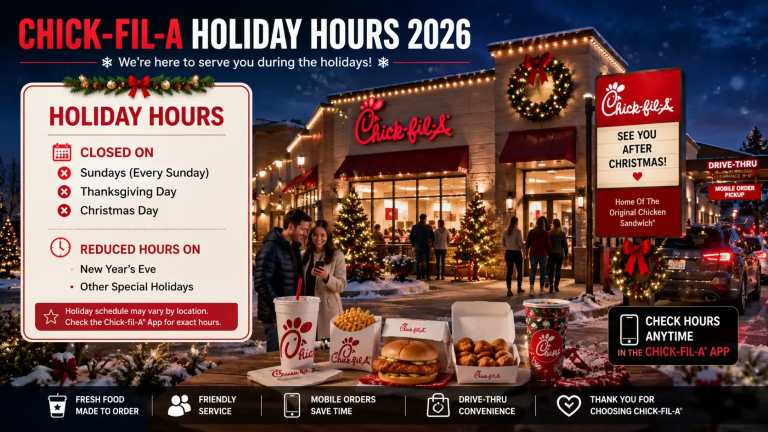 Chick-fil-A Hours Today in 2026 5 Promotional graphic detailing Chick-fil-A Holiday Hours for 2026, showing a festive storefront, closed days, and a spread of food items.