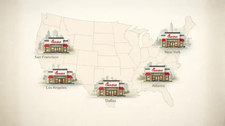 Chick-fil-A Hours: Opening, Closing Times & Major Cities Hours in 2026 2 Map of the USA with Chick-fil-A locations marked in San Francisco, Los Angeles, Dallas, Atlanta, and New York, highlighting major cities.