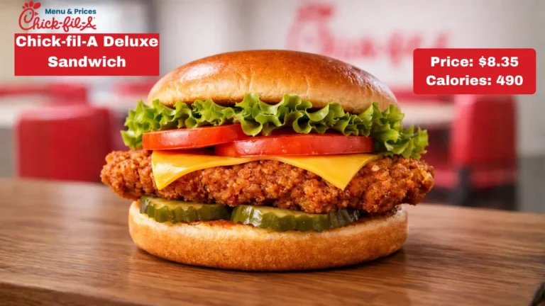 Chick-fil-A Chicken Sandwiches Price, Nutrition & Ranking on Taste in 2026 33 A Chick-fil-A Deluxe Sandwich with crispy chicken, cheese, lettuce, tomato, and pickles on a bun. Price: $8.35, Calories: 490. Background shows a blurred restaurant interior.