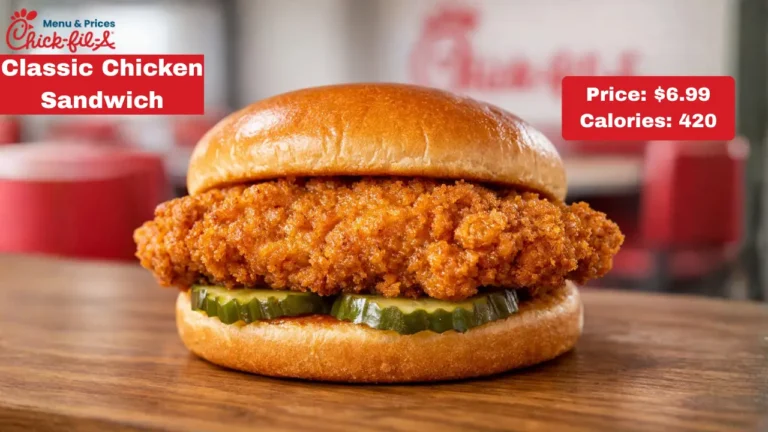 Chick-fil-A Chicken Sandwiches Price, Nutrition & Ranking on Taste in 2026 31 Close-up of a Chick-fil-A Classic Chicken Sandwich with a crispy fried chicken breast, two pickles, and a glossy bun. Price: $6.99, Calories: 420.