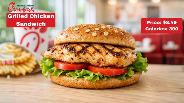 Chick-fil-A Chicken Sandwiches Price, Nutrition & Ranking on Taste in 2026 34 Grilled chicken sandwich on a multigrain bun with lettuce and tomato. Priced at $8.49, 390 calories. Background shows a soft drink and waffle fries.
