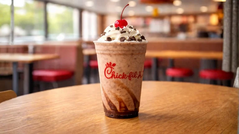 Top Chick-fil-A Milkshakes Flavors in 2026 (Ranked & Reviewed) 10 A Chick Fil A chocolate milkshake topped with a bright red cherry, served in a tall glass.