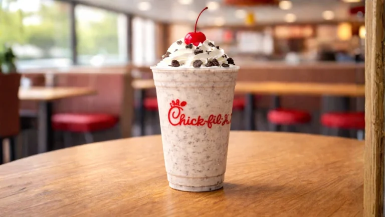 Top Chick-fil-A Milkshakes Flavors in 2026 (Ranked & Reviewed) 9 A Chick-fil-A Cookies & Cream Milkshake topped with a cherry sits on a table, invitingly presented.