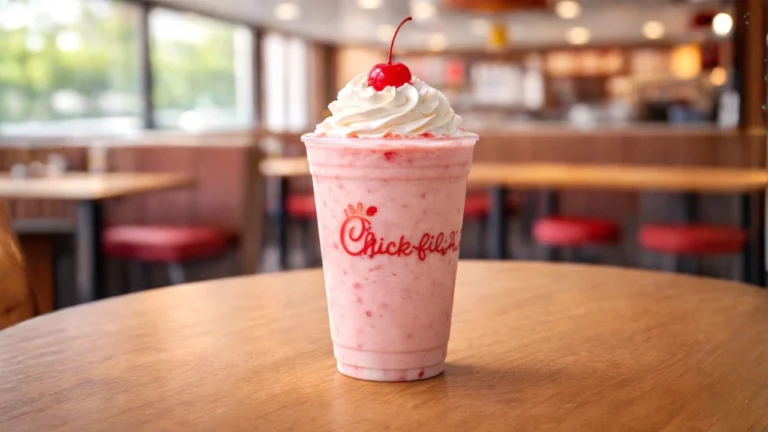 Top Chick-fil-A Milkshakes Flavors in 2026 (Ranked & Reviewed) 11 A Chick-fil-A strawberry milkshake topped with whipped cream and a cherry, served in a clear cup.