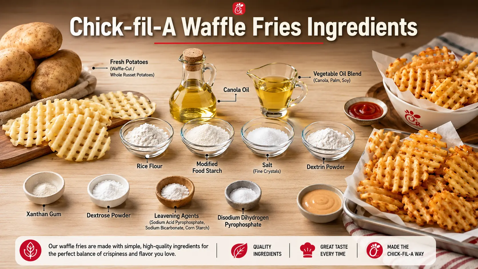 Chick-fil-A Waffle Fries Calories & Price in 2026 3 Infographic displaying the raw ingredients, including whole potatoes, oils, flours, and seasonings, used to make Chick-fil-A Waffle Fries.