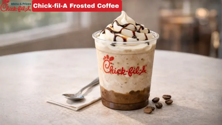 Chick-fil-A Coffee Menu 2026: Prices, Calories & Frosted Coffee Guide 7 A refreshing Chick-fil-A frosted coffee drink topped with whipped cream and a straw, served in a clear cup.