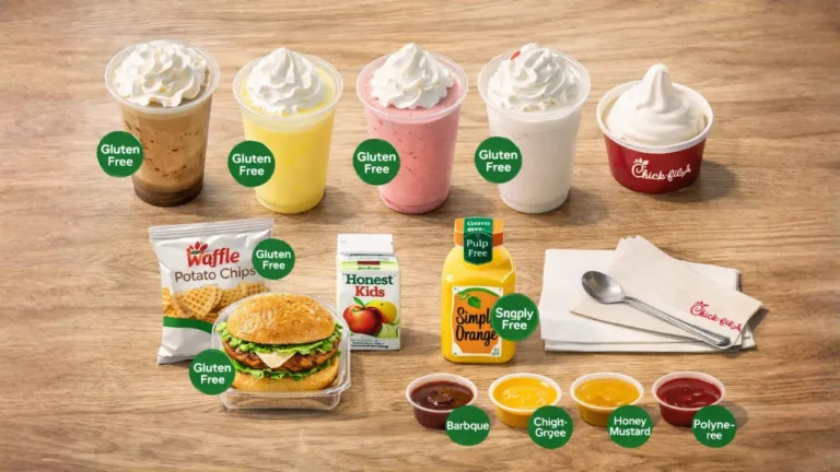 Chick-fil-A Gluten-Free Menu 2026 20 A table displaying a variety of Chick-fil-A gluten-free treats, beverages, and sauces.