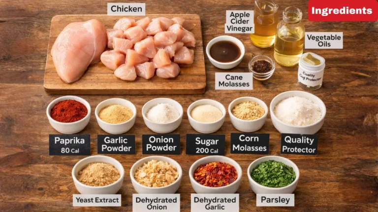 Chick-fil-A Grilled Nuggets Nutrition & Calories in 2025 6 Assorted cooking ingredients are arranged on a wooden surface, including diced chicken, spices like paprika and garlic powder, vinegar, and oils. A red "Ingredients" label is at the top right.