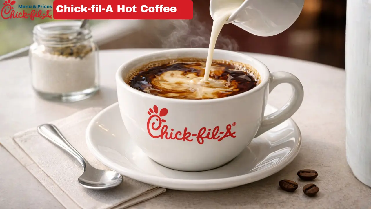 Chick-fil-A Coffee Menu With Prices & Calories in 2026 5 A steaming cup of Chick-fil-A hot coffee on a wooden table, with a blurred background of a cozy café setting.