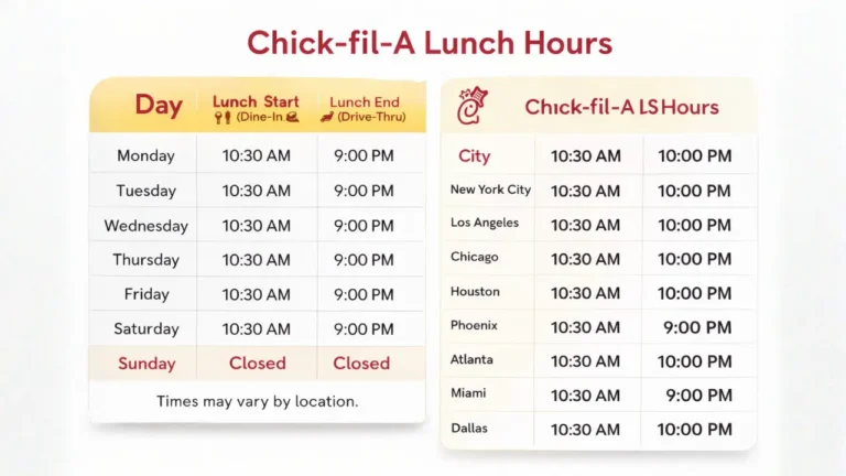 Chick-fil-A Lunch Hours Guide USA 2026 2 Menu displaying "chick fil a lunch hours" prominently at the top.