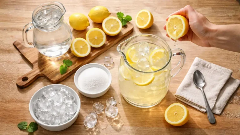 Chick-fil-A Lemonade Recipe 2026: What Makes it Sooo Good? 3 A person is pouring lemonade into a pitcher, with ingredients like lemons and mint arranged nearby for preparation.