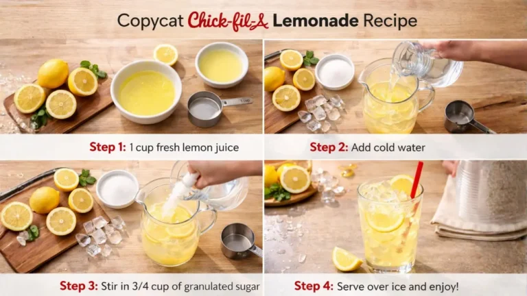 Chick-fil-A Lemonade Recipe 2026: What Makes it Sooo Good? 12 Illustrated recipe steps for making lemonade with lemons, detailing the preparation and mixing process.