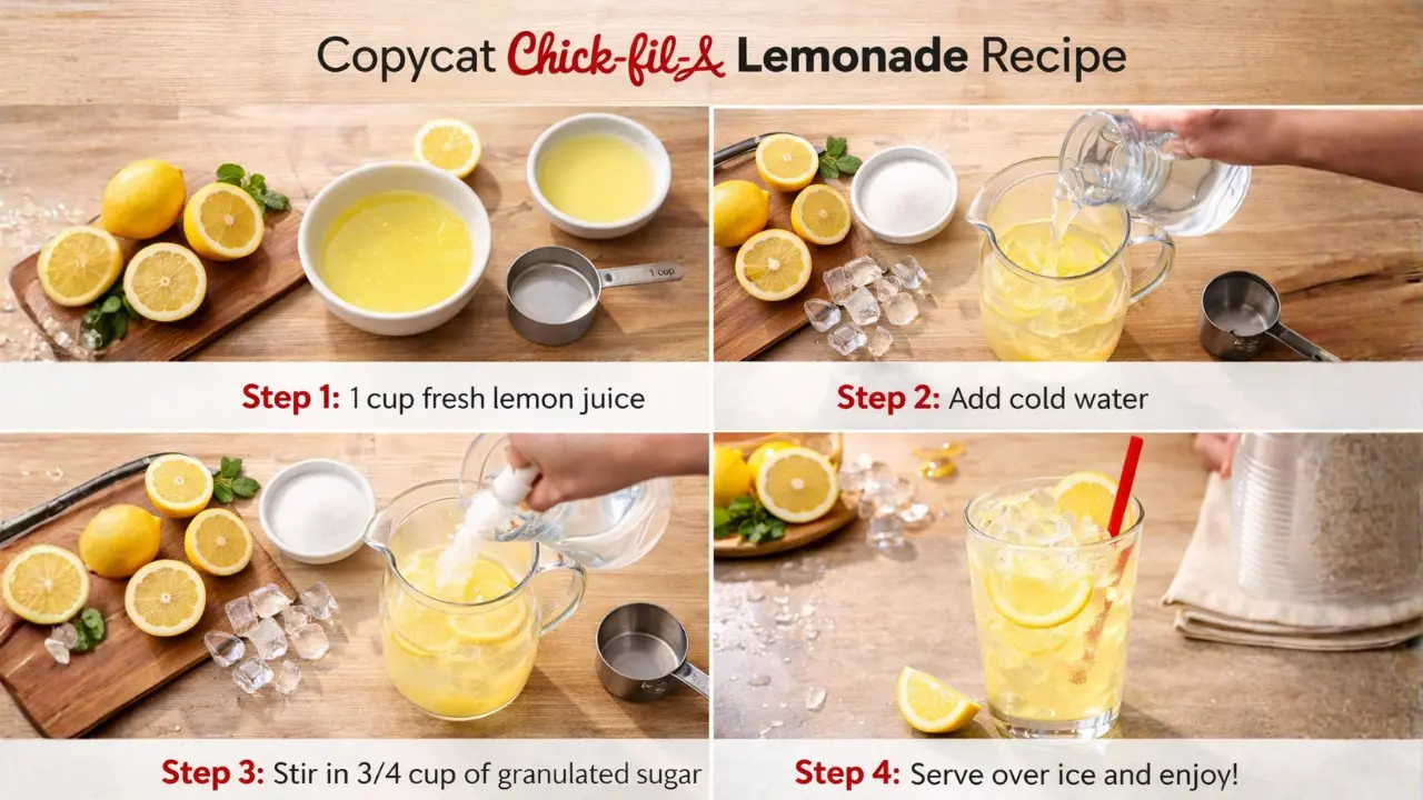 Chick-fil-A Lemonade Recipe, Price & Calories in 2026 12 Illustrated recipe steps for making lemonade with lemons, detailing the preparation and mixing process.