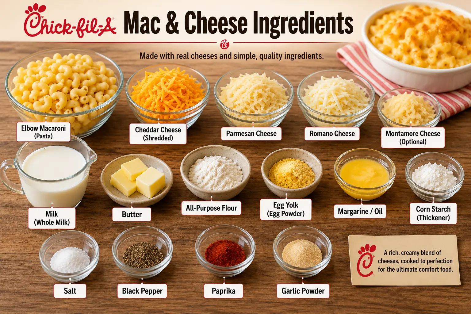 Chick-fil-A Mac and Cheese Calories, Price & Recipe in 2026 6 Chick-fil-A Mac & Cheese ingredients, including pasta, shredded and grated cheeses, milk, butter, flour, spices, and a finished bowl of mac and cheese.