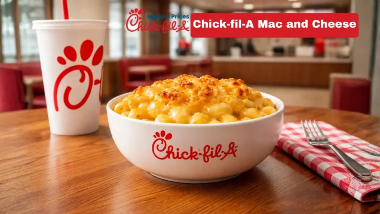 A serving of Chick-fil-A mac and cheese in a bowl, featuring creamy cheese sauce and a baked, golden top