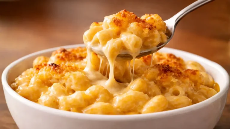 Chick-fil-A Mac and Cheese Price, Calories & Recipe in 2026 8 A bowl of creamy macaroni and cheese with a silver spoon resting on the side, ready to be served.
