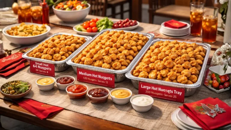 Chick-fil-A Nuggets Prices & Calories 2026 21 Chick-fil-A catering trays of hot chicken nuggets labeled 64, 120, and 200 pieces. Various dipping sauces, bowls of salad, and iced tea complete the setting.