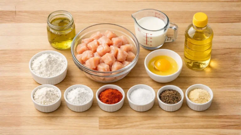 Chick-fil-A Nuggets Prices & Calories 2026 22 Ingredients on a wooden surface include diced chicken in a bowl, oil, milk, a cracked egg, and various seasonings like flour, paprika, salt, and pepper.
