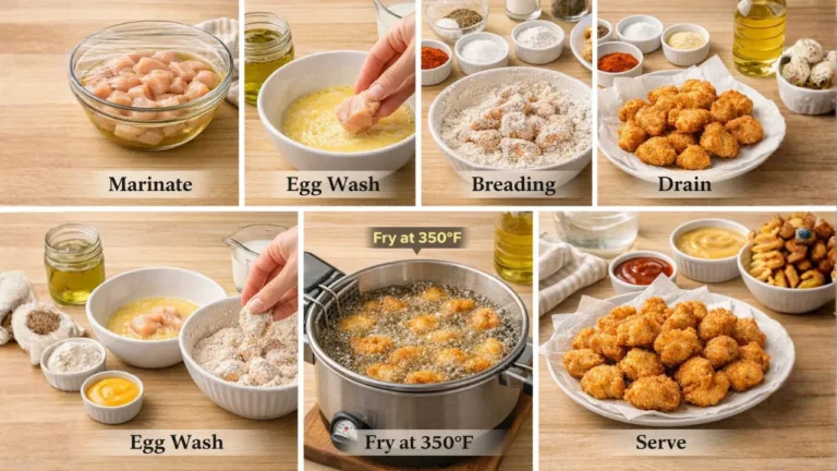 Chick-fil-A Nuggets Prices & Calories 2026 23 Seven-step breaded chicken nugget preparation with images. Steps: marinate, egg wash, breading, drain, egg wash again, fry at 350°F, and serve. Golden nuggets presented with dips and nuts, conveying a savory and appetizing tone.