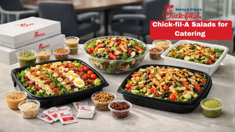 Chick-fil-A Salads Price & Calories 2026 10 Assorted Chick-fil-A salads for catering, featuring vibrant veggies, fruits, and proteins in trays. Includes dressing cups and branded boxes on a table.