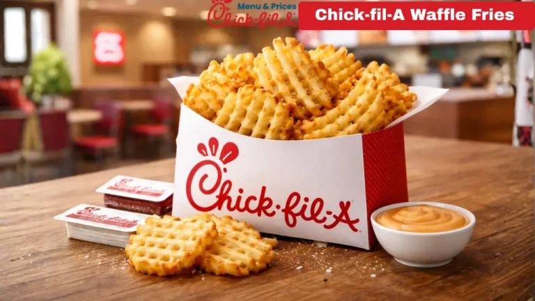 A serving of Chick-fil-A waffle fries in a paper container, golden brown and crispy, placed on a wooden table.