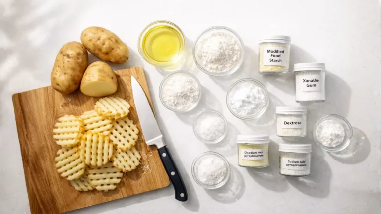 Chick-fil-A Waffle Fries Price, Calories & Ingredients 2026 3 A cutting board displays potato chips, a waffle maker, and various ingredients for a recipe.