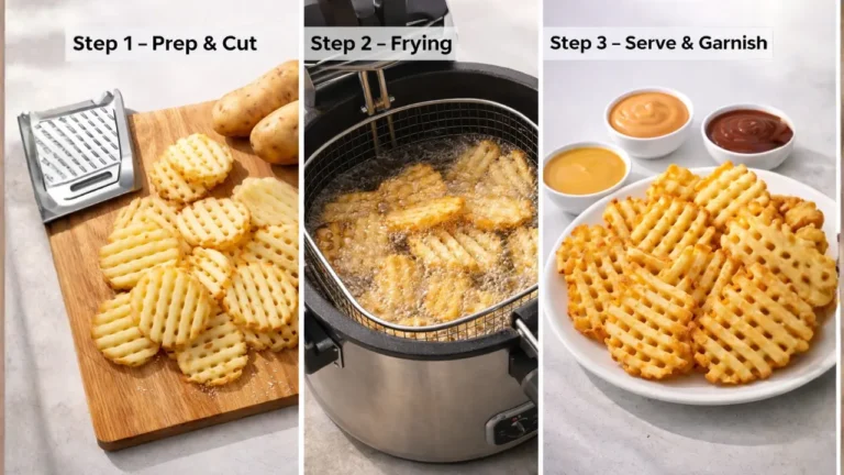 Chick-fil-A Waffle Fries Price, Calories & Ingredients 2026 18 Visual guide showing the stages of making waffle fries, including preparation and cooking steps.