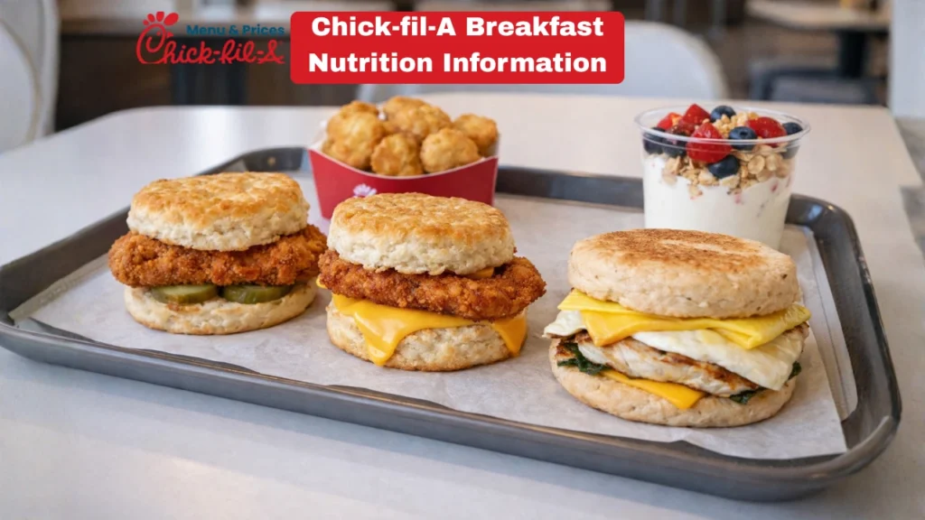 Chick-fil-A Nutrition Information PDF & Facts 2026 2 Chick-fil-A breakfast tray with two chicken biscuits, hash browns, and a yogurt parfait with fruit and granola in a modern, bright dining setting. This image creates for Chick-fil-A nutrition information