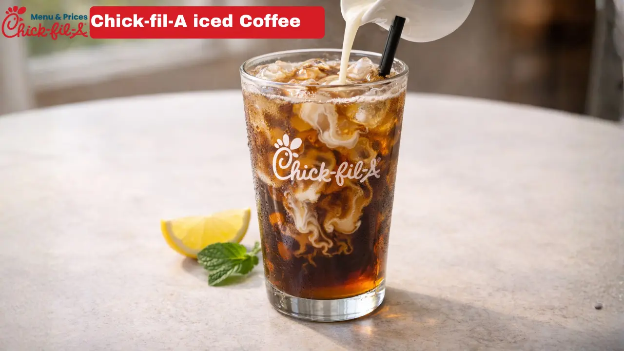 Chick-fil-A Coffee Menu With Prices & Calories in 2026 6 Chick-fil-A's new iced coffee, featuring a refreshing blend, is displayed in a clear cup with ice and a straw.