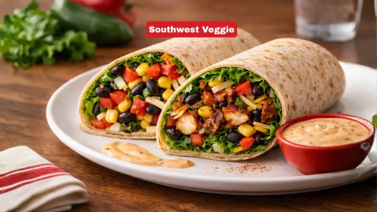 Chick-fil-A Wrap options, Price & Calories in 2026 7 A Southwest Veggie wrap on a plate, featuring vibrant fillings like black beans, corn, and peppers, beside a small red dish of sauce, exudes a fresh, appetizing vibe.