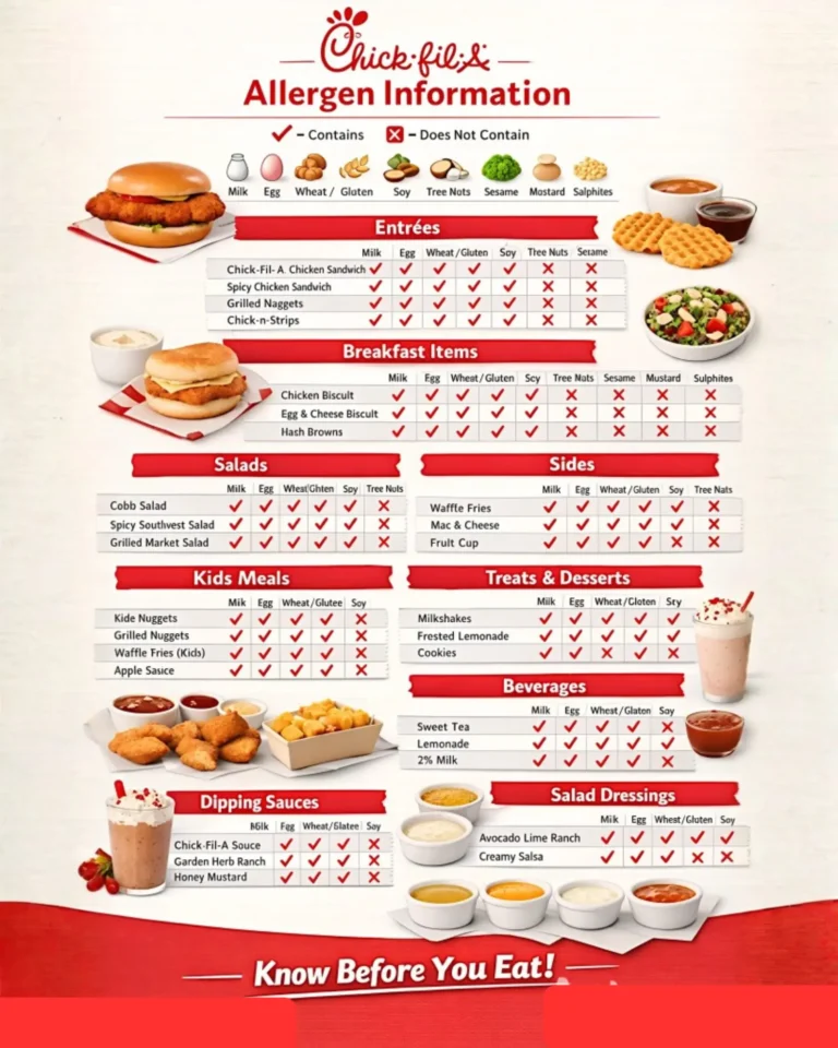 Chick-fil-A Nutrition Information PDF & Facts 2026 3 Chick-fil-A allergens information chart showing menu items and allergens like milk, eggs, wheat, soy, and nuts. Includes entrees, breakfast, salads, sides, kids meals, treats, beverages, sauces, and dressings. Red 'X' marks presence of an allergen. Visual guide with images of dishes and warning, 'Know Before You Eat