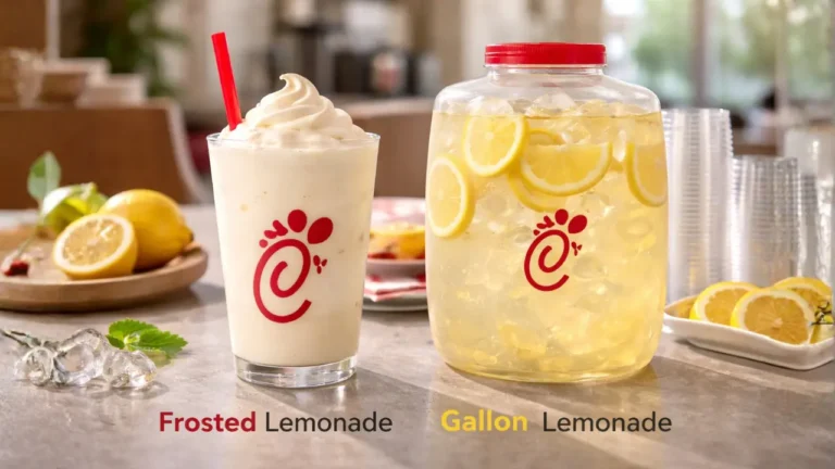 Chick-fil-A Lemonade Recipe 2026: What Makes it Sooo Good? 13 A refreshing glass of frosted lemonade and Gallon options both placed on a table with a cheerful, sunny backdrop.
