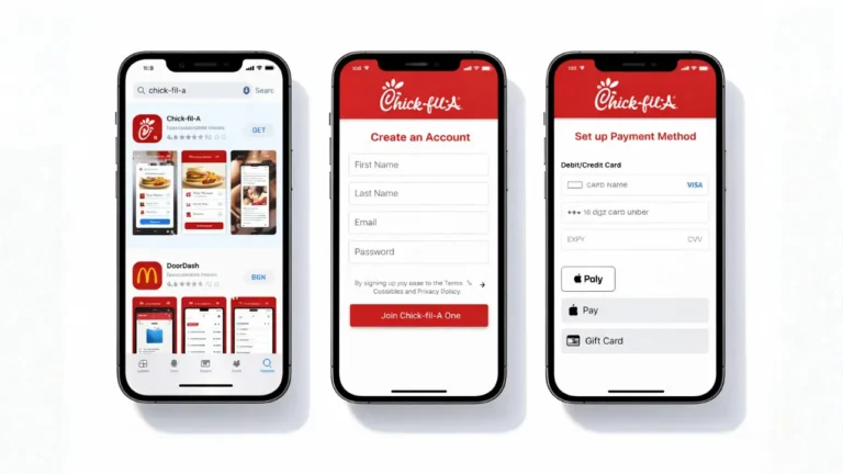 Chick-fil-A App 2026: How to Order Online Faster & Earn Free Rewards 2 Three iPhones display the fast food restaurant Chick Fil a app showcasing options how to download and set up of this app